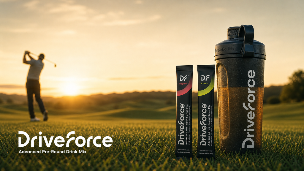 DriveForce DF-18 stick packs and shaker bottle on a golf course